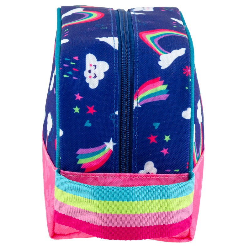 May include: A blue zippered travel bag with a pink and blue rainbow pattern. The bag has a pink bottom with a blue, green, and yellow striped band.