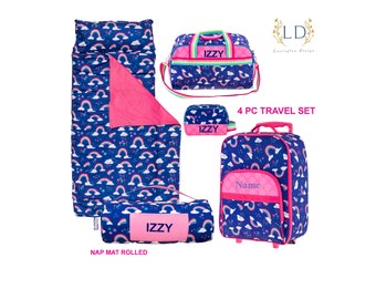 Kids Travel Bag Set, Toddler Rolling Luggage, Little Girls Personalized Duffle Bag, Kids Toiletry Bag, Personalized  Nap Mat FULL SET