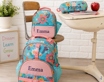 Children's Backpack and Lunch Box Set, Personalized Backpack Full Size Kids School Backpack. Girls' School set. Floral backpack set