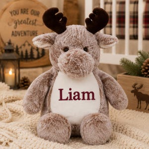 Personalized Moose Plush, Woodland Nursery Decor, Rustic Baby Shower Gift, Neutral Nursery Stuffed Animal