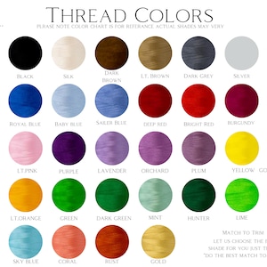 May include: A color chart of thread colors for embroidery. The chart includes 36 different colors, including white, black, navy, royal blue, baby blue, pink, light pink, purple, lavender, orange, light orange, green, dark green, turquoise, sky blue, coral, rust, gold, yellow, golden yellow, deep red, bright red, burgundy, bright pink, orchard, plum, lime, olive, dark brown, light brown, dark grey, silver, and grey. The chart also includes the text "THREAD COLORS" and "PLEASE NOTE COLOR CHART IS FOR REFERENCE ACTUAL SHADES MAY VERY".