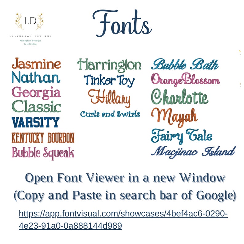 May include: A list of fonts with names like Jasmine, Nathan, Georgia, Classic, Varsity, Kentucky Bourbon, Bubble Squeak, Harrington, Tinker Toy, Hillary, Bubble Bath, Orange Blossom, Charlotte, Mayah, Fairy Tale, and Macjinac Island. The text "Open Font Viewer in a new Window (Copy and Paste in search bar of Google) https://app.fontvisual.com/showcases/4bef4ac6-0290-4e23-91a0-0a888144d989" is also included.