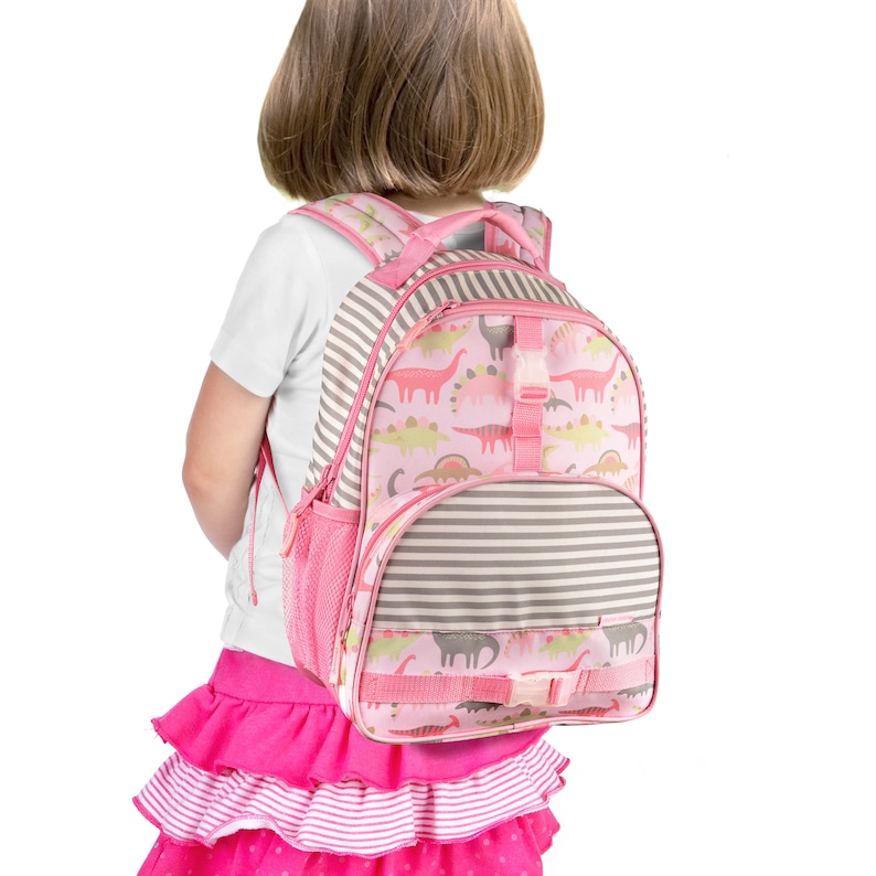 May include: A pink and grey backpack with a dinosaur print. The backpack has a front pocket and adjustable straps.