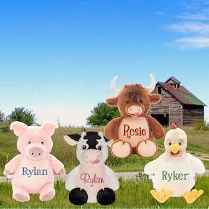 May include: Four plush farm animal toys with embroidered names. A pink pig with the name "Rylan", a black and white cow with the name "Rylan", a brown bull with the name "Rosie", and a white chicken with the name "Ryker".