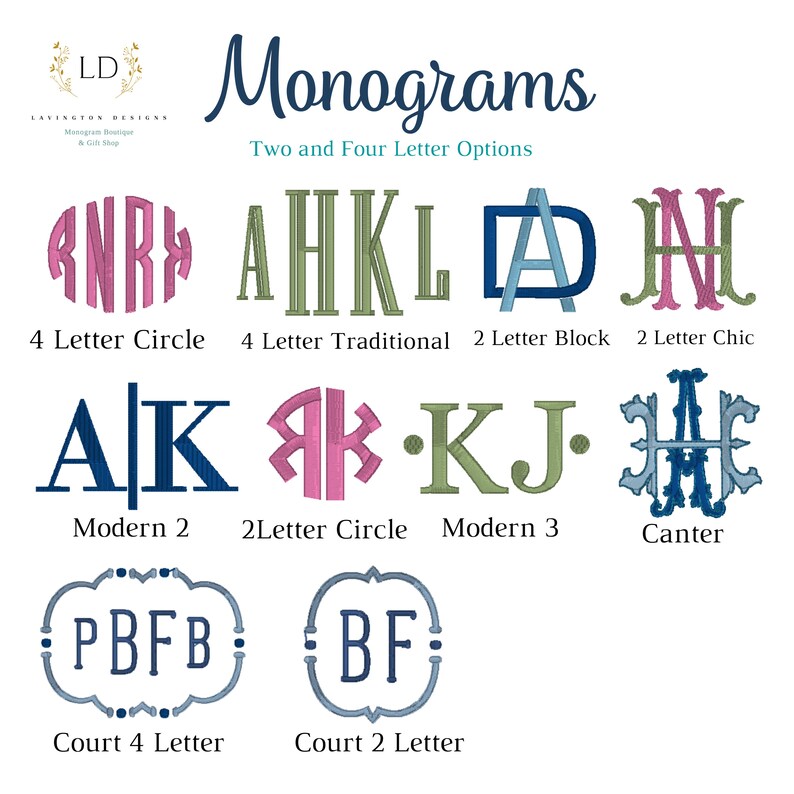 May include: A graphic showing different monogram styles, including circle, traditional, block, chic, modern, and canter. The text "Monograms" and "Two and Four Letter Options" is displayed at the top of the image.