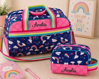 Personalized Rainbow Duffle Bag Set for Girls, Kids Travel Bag with Matching Toiletry Bag