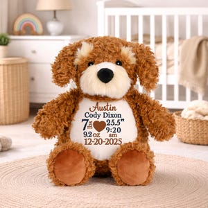 May include: A brown plush dog toy with a white belly patch featuring embroidered text: Austin, Cody Dixon, 7 lbs 9.2 oz, 25.5 inches, 9:20 am, and 12-20-2025, with a brown heart icon. The stuffed animal has floppy ears and a black nose.