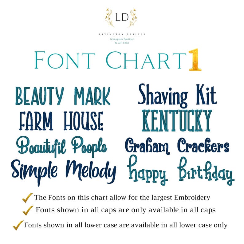 May include: Font chart with various font styles in teal and navy blue. The chart includes the text "FONT CHART 1" and font names like "BEAUTY MARK" and "happy Birthday." The chart also includes information about font availability.