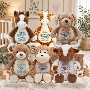 May include: Six plush stuffed animals including a horse, giraffe, dog, bear, monkey, and longhorn bull. Each animal features a white belly patch embroidered with a name, birth date, weight in lbs, and length in inches for a personalized keepsake.