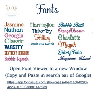 May include: A list of fonts with names like Jasmine, Nathan, Georgia, Classic, Varsity, Kentucky Bourbon, Bubble Squeak, Harrington, Tinker Toy, Hillary, Bubble Bath, Orange Blossom, Charlotte, Mayah, Fairy Tale, and Macjinac Island. The text "Open Font Viewer in a new Window (Copy and Paste in search bar of Google) https://app.fontvisual.com/showcases/4bef4ac6-0290-4e23-91a0-0a888144d989" is also included.