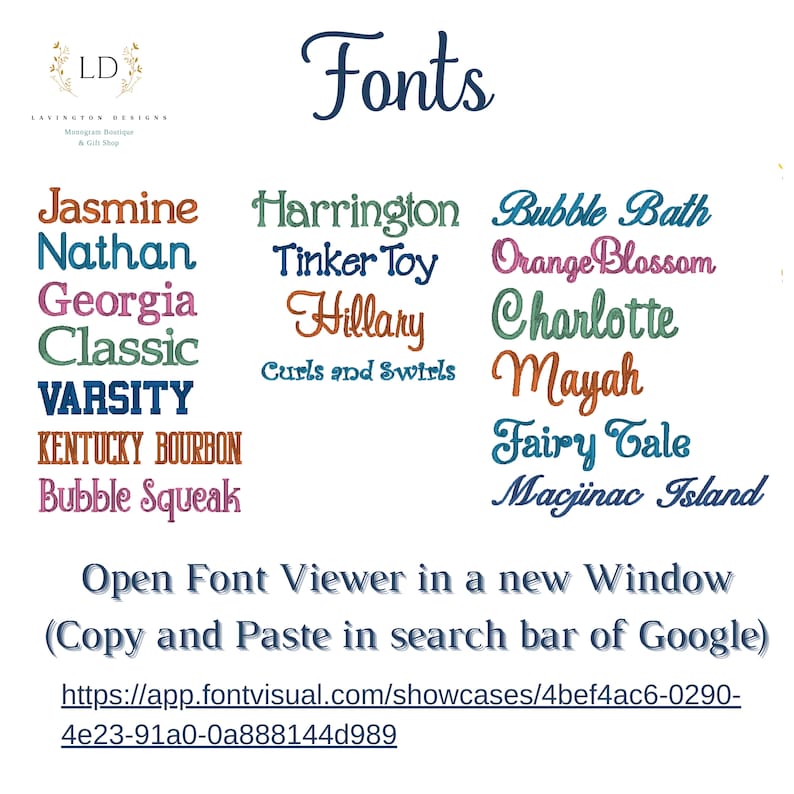 May include: A digital display of various embroidery font styles labeled with names like Jasmine, Nathan, Georgia, Classic, Varsity, Kentucky Bourbon, Bubble Squeak, Harrington, Tinker Toy, Hillary, Curls and Swirls, Bubble Bath, Orange Blossom, Charlotte, Mayah, Fairy Tale, and Macjinac Island.