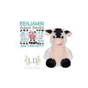 Animales de anuncio de nacimiento, lectura de carta natal, peluche personalizado, vaca de peluche, peluches de anuncio de nacimiento
