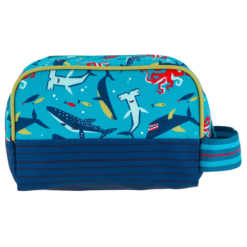 May include: A blue toiletry bag with a zipper closure and a carrying handle. The bag has a colorful print of various sea creatures, including sharks, hammerhead sharks, and an octopus.