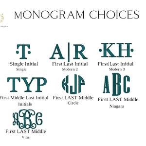 May include: A chart titled MONOGRAM CHOICES displaying seven distinct dark teal embroidery font styles for initials. The options include Single, Modern 2, Modern 3, Initials, Circle, Niagara, and Vine, each labeled with its specific monogram format.