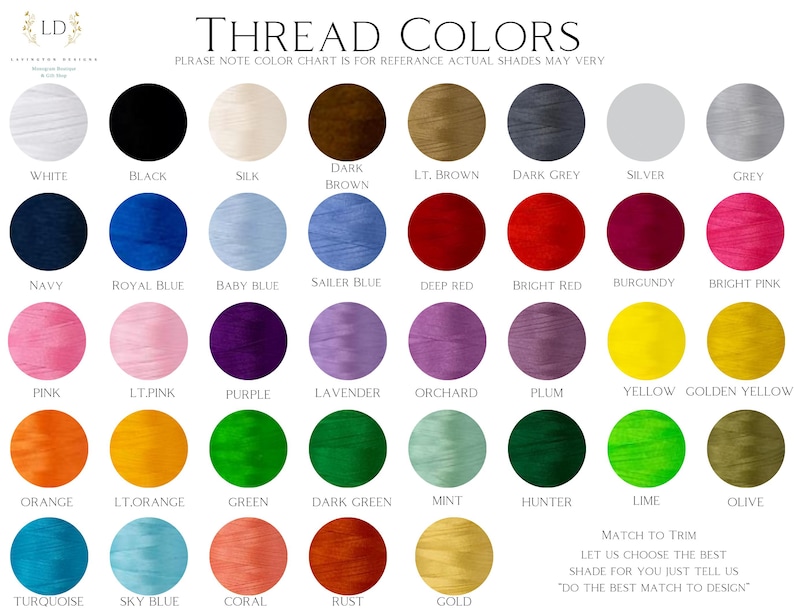 K&ouml;nnte beinhalten: Farbkarte mit Garnfarben f&uuml;r Stickerei. Die Karte enth&auml;lt 25 verschiedene Farben, darunter Wei&szlig;, Schwarz, Marineblau, K&ouml;nigsblau, Babyblau, Rosa, Hellrosa, Lila, Lavendel, Orange, Hellorange, Gr&uuml;n, Dunkelgr&uuml;n, T&uuml;rkis, Himmelblau, Koralle, Rost, Gold, Gelb, Goldgelb, Rot, Burgunderrot, Pink und Grau. Der Text "THREAD COLORS" befindet sich oben auf der Karte. Der Text "PLRASE NOTE COLOR CHART IS FOR REFERANCE ACTUAL SHADES MAY VERY" befindet sich unter dem Titel. Der Text "MATCH TO TRIM" befindet sich unten auf der Karte. Der Text "LET US CHOOSE THE BEST SHADE FOR YOU JUST TELL US "DO THE BEST MATCH TO DESIGN" befindet sich unter dem Text "MATCH TO TRIM".