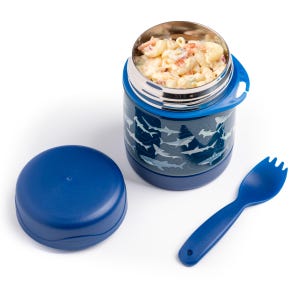 May include: A blue and stainless steel insulated food container with a shark pattern, filled with macaroni salad. A matching blue lid and fork are next to the container. The container is designed to keep food hot or cold.
