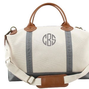 Monogrammed Weekender, Heavy Canvas Overnight Bag In Natural Canvas and Colored Trim. Personalized Travel Bag