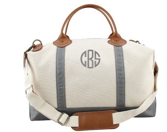 Monogrammed Weekender, Heavy Canvas Overnight Bag In Natural Canvas and Colored Trim. Personalized Travel Bag