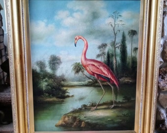 Antique Vtg Portrait Oil Painting on Canvas Pink Flamingo Bird in a Landscape Scene Signed Gold Frame
