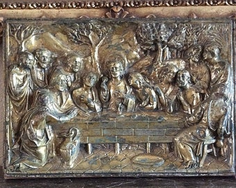Antique High Relief Repousse Metal Wall Plaque Leonardo Da Vinci’s " The Last Supper "