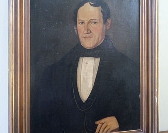 Antique 19th C. Oil Painting on Canvas Portrait American Gentlemen Original Frame