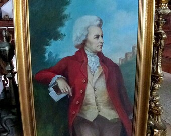Antique Oil Painting Portrait of a 18th C. Gentleman with Red Coat Signed Gold Frame