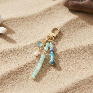 Aqua & Gold Designer Inspired Beach Beaded Bag Charm Keychain with Pearl and Shell Detail
