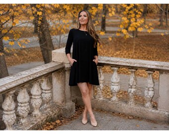 The Olivia - Black Swing Dress with 3/4 Sleeves
