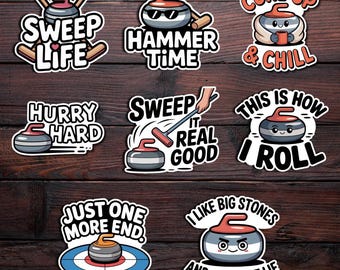 May include: A collection of curling-themed stickers with various phrases. Designs include curling stones with sunglasses, a stone with a coffee cup, and text like "Sweep Life" and "Hammer Time". The stickers are on a wood-grain background.