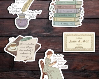 May include: A collection of stickers featuring quotes and imagery from Jane Austen's novels. Designs include a quill and inkwell, a stack of books, a teacup, a woman reading, and an Ex Libris label.