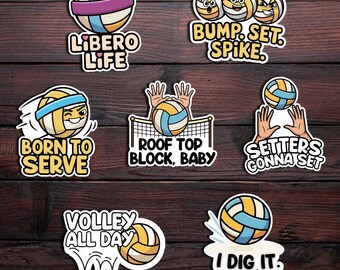 May include: A collection of volleyball-themed stickers with various designs. The stickers feature volleyballs with text like "Libero Life," "Bump. Set. Spike," and "I Dig It." The stickers are in shades of yellow, blue, and white.