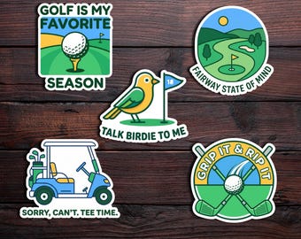 May include: A collection of golf-themed stickers with various designs. One sticker reads "Golf is my favorite season" with a golf ball on a tee. Another says "Talk birdie to me" with a bird and flag. Other stickers include a golf cart and the phrase "Grip it & Rip it."