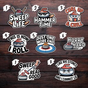 May include: A collection of eight curling-themed stickers with various designs and text. The stickers feature curling stones with different expressions and phrases like "Sweep Life," "Hammer Time," and "Hurry Hard." The stickers are on a wooden background.