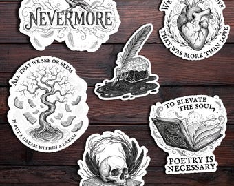 May include: A collection of black and white stickers with gothic and literary themes. Designs include a raven with the word "Nevermore", a heart, a tree with books, a skull on a book, an inkwell with a quill, and an open book with the text "Poetry is Necessary".
