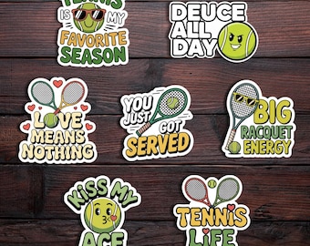 May include: A collection of tennis-themed stickers with various phrases and graphics. The stickers feature tennis balls, rackets, and text like "Tennis is my favorite season" and "Deuce all day." The color palette includes green, yellow, and white.