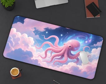 Pink Octopus in Fantasy Clouds Desk Mat | Large Mousepad