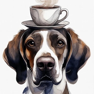 May include: Watercolor illustration of a dog with a coffee cup and saucer balanced on its head. The dog has brown, black, and white fur. The coffee cup has steam rising from it, suggesting a warm beverage. The image is set against a white background.