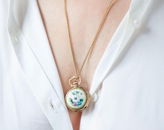 Reloj colgante redondo de flores para mujer, collar de porcelana pintada a mano, diseño de gaviota, accesorio bohemio vintage en tono dorado, edición limitada, regalo de joyería para Navidad.