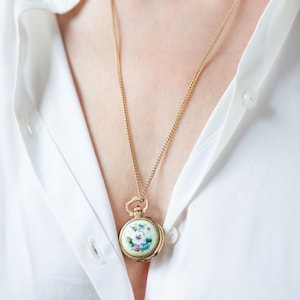 Flowers round pendant watch women&#39;s necklace painted porcelain Seagull, vintage gold shade boho accessory limited edition gift jewelry Xmas