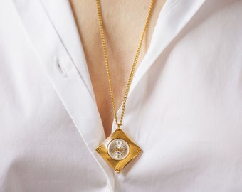 Collar con reloj de rombos para mujer, estilo vintage, colgante Seagull chapado en oro, reloj con caja de rayos de sol de edición limitada, joyería con collar de reloj geométrico