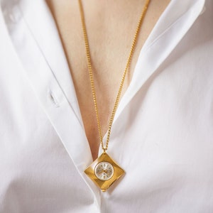 Rhombus watch necklace for women vintage, gold plated pendant Seagull, sunburst case watch limited edition, geometric watch necklace jewelry