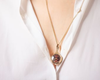 Women's watch pendant burgundy dial drop shape gold plated Glory, ladies necklace watch vintage classic, delicate lady's neck jewelry gift