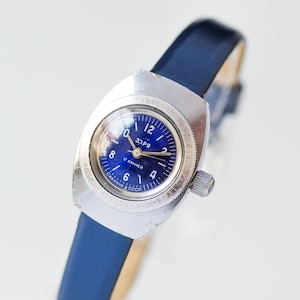 Vintage amphibian women watch Zaria Dawn, water resistant lady watch very rare, lady's diver watch navy blue gift, new luxury leather strap image 1