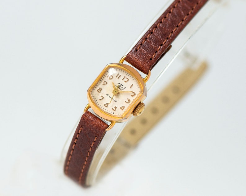 Dainty watch for women Dawn gold plated vintage gift, micro lady watch rectangular classic dial Arabic numerals, new premium leather strap image 3