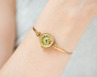 Chic cocktail watch for women tiny bracelet Seagull, gold plated lady wristwatch dainty, Roman numerals small watch jewelry vintage gift