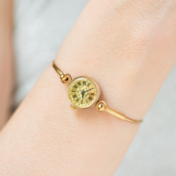 Chic cocktail watch for women tiny bracelet Seagull, gold plated lady wristwatch dainty, Roman numerals small watch jewelry vintage gift