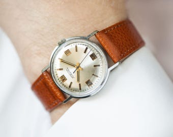 Roman numerals mens wrist watch vintage Rocket, shockproof retro watch unisex minimalist, dress watch for men, new genuine leather strap