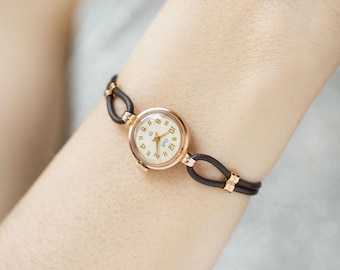 Solid gold 14K women watch Glory 1960s vintage, sunburst dial lady watch gold, tiny jewelry gold watch for women retro, new leather strap