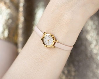 Delicate boho women&#39;s wristwatch gold plated floral case design, rare tiny 60s watch Seagull classic beauty gift, new premium leather strap
