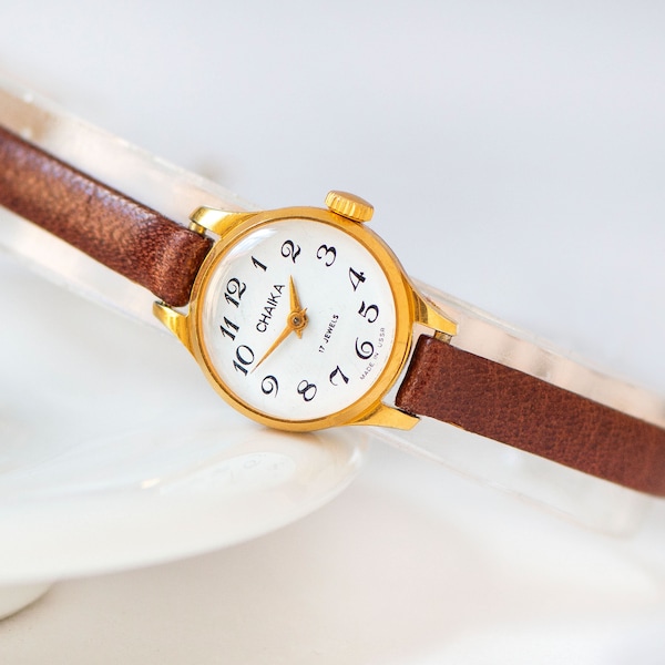 Micro watch for women gold plated Seagull vintage, chic lady wristwatch jewelry gift, classic girl's watch tiny, new genuine leather strap